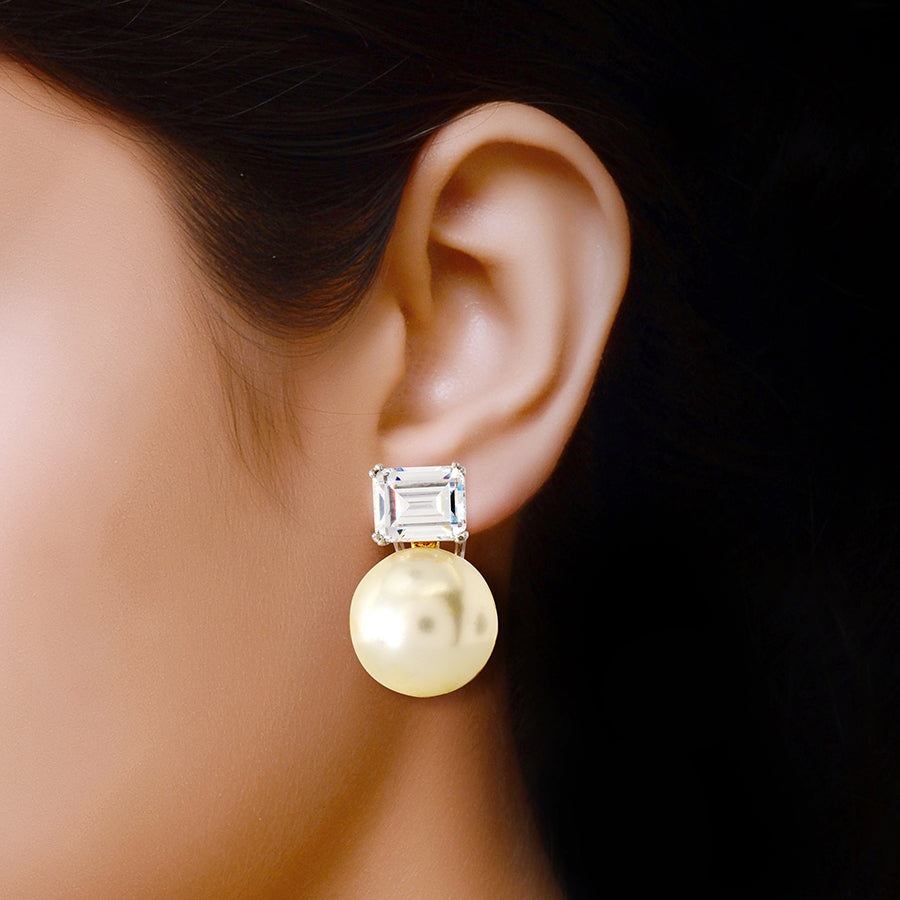 Chic Emerald Cut Earrings with Round Pearl Accent