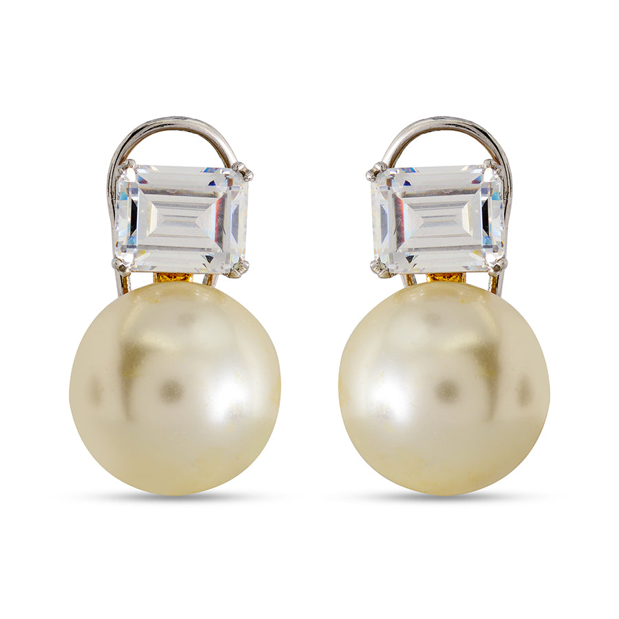 Chic Emerald Cut Earrings with Round Pearl Accent