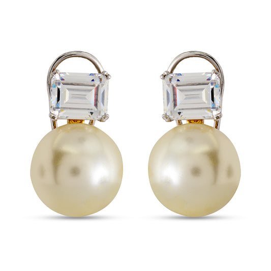 Chic Emerald Cut Earrings with Round Pearl Accent